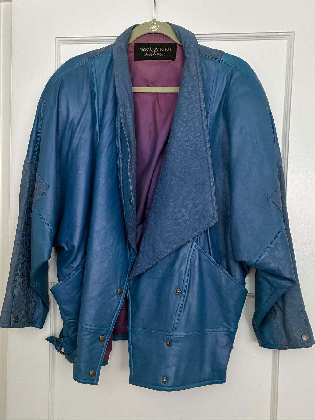 Blue Leather Draped Jacket Relaxed Shawl Collar